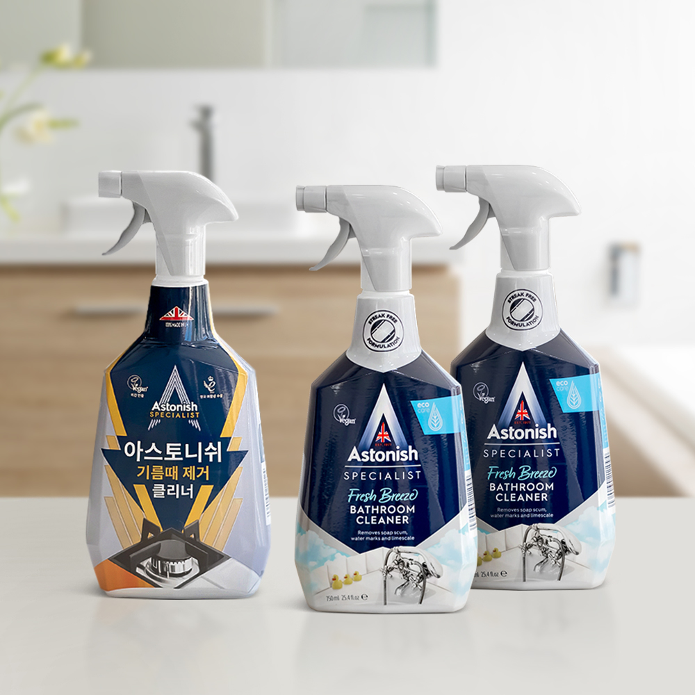 [본사] 아스토니쉬 배스룸클리너 750ml 2개+기름때클리너 750ml 1개 수전 후드 다용도 세제