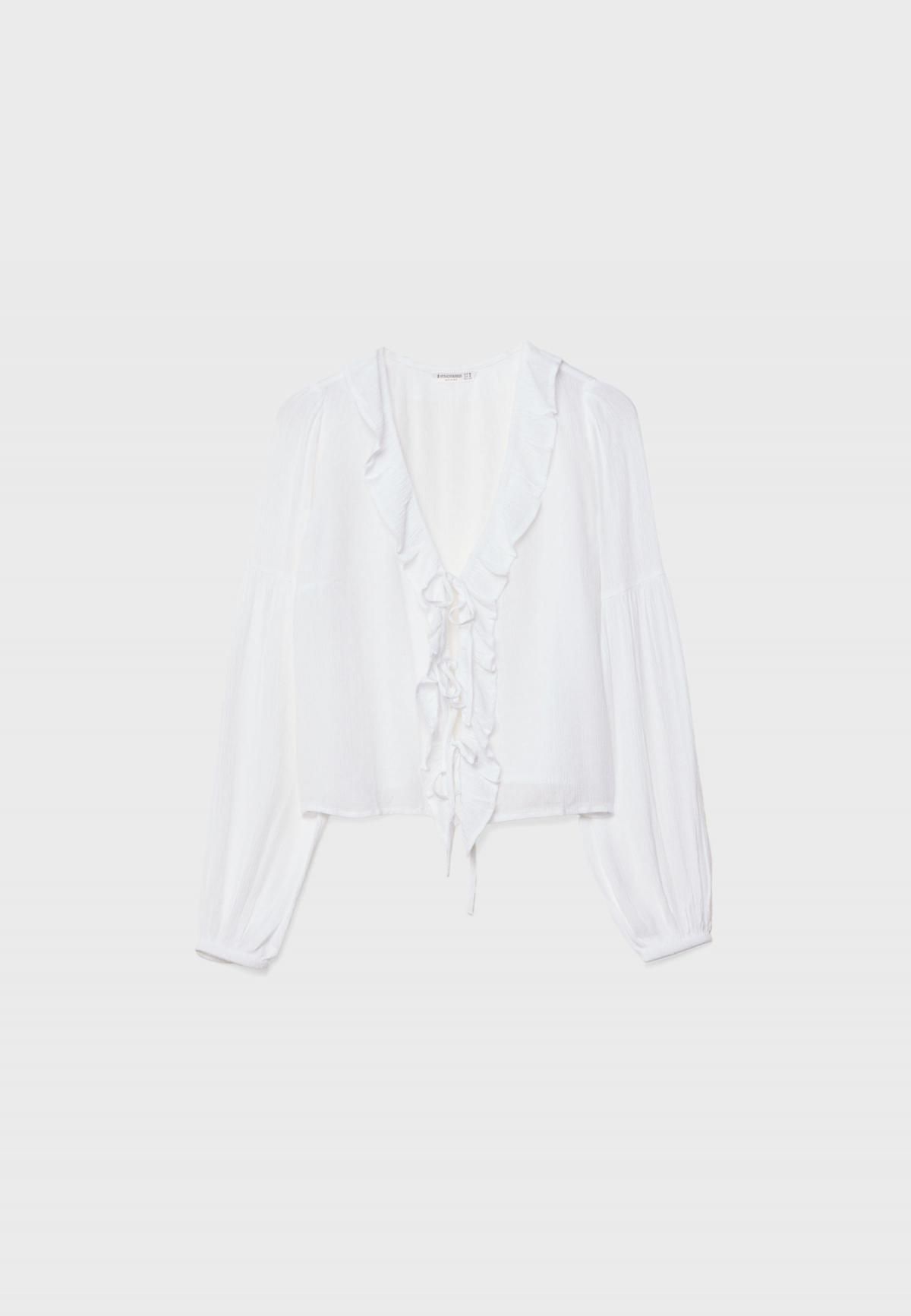 스트라디바리우스 러플 브이넥 루즈핏 블라우스 6051/438 WHITE - 상품 이미지
