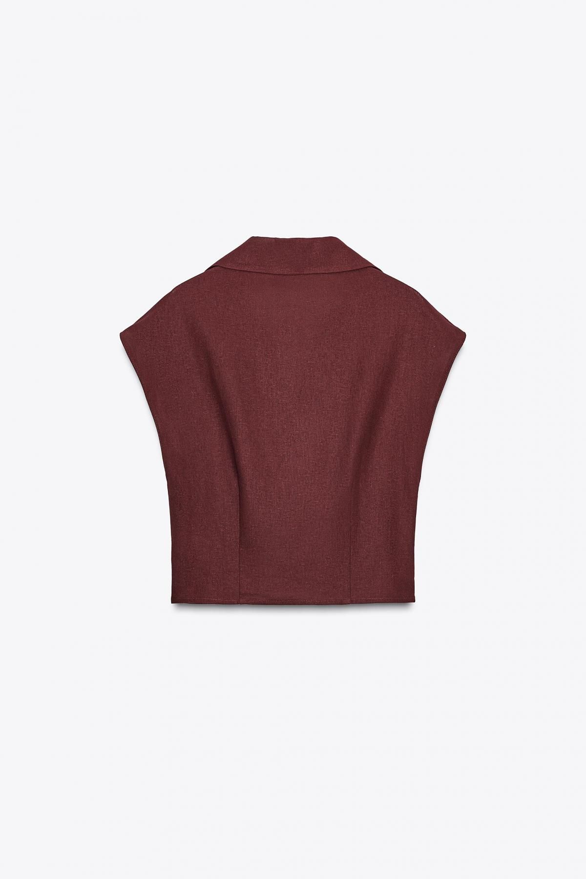 자라 린넨블렌드 크로스 브이넥 민소매 블라우스 8026/709 BURGUNDY - 상세 이미지 4