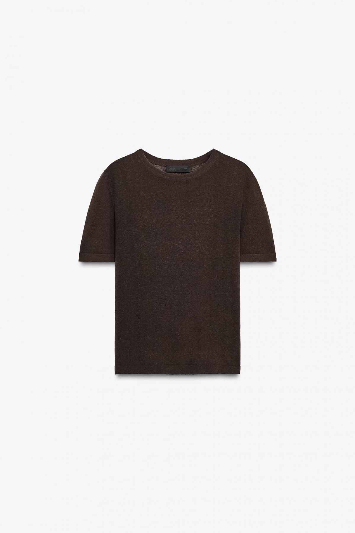 자라 라운드넥 니트 린넨블렌드 반팔 티셔츠 2142/150 DARK BROWN - 상품 이미지