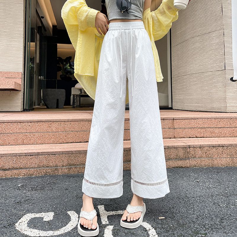 여성 실크 와이드 팬츠 여름 시원한 착용감 캐주얼 스트레이트 핏 하이웨이스트 슬림 통기성 좋은 바지 - 상세 이미지 3