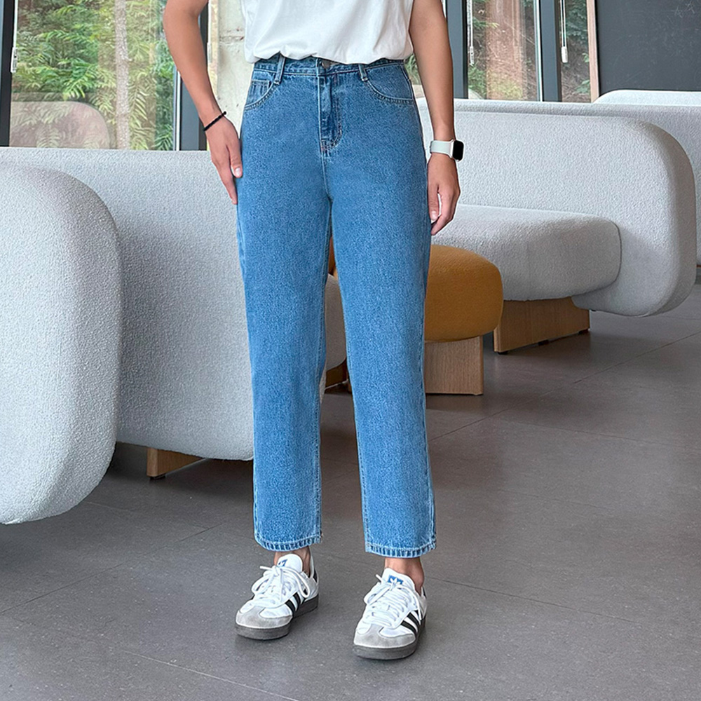 하이웨스트 크롭 키작녀청바지 진청 데님 여자청바지 8부 키작진