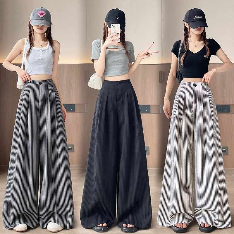 여성 실크 스트라이프 와이드팬츠 여름 하이웨스트 루즈핏 캐주얼 통바지 시원한 착용감 편안한 데일리룩 모던 스타일링 - 상품 이미지