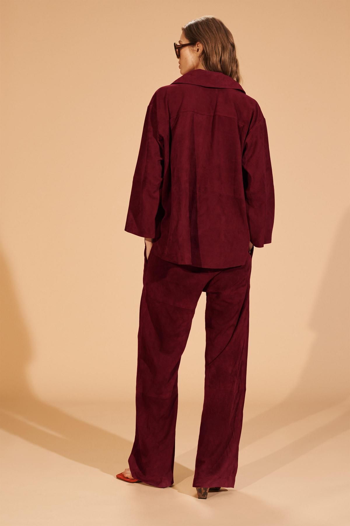 자라 스웨이드 레더 브이넥 포켓 긴팔 셔츠 6098/912 BURGUNDY - 상세 이미지 4