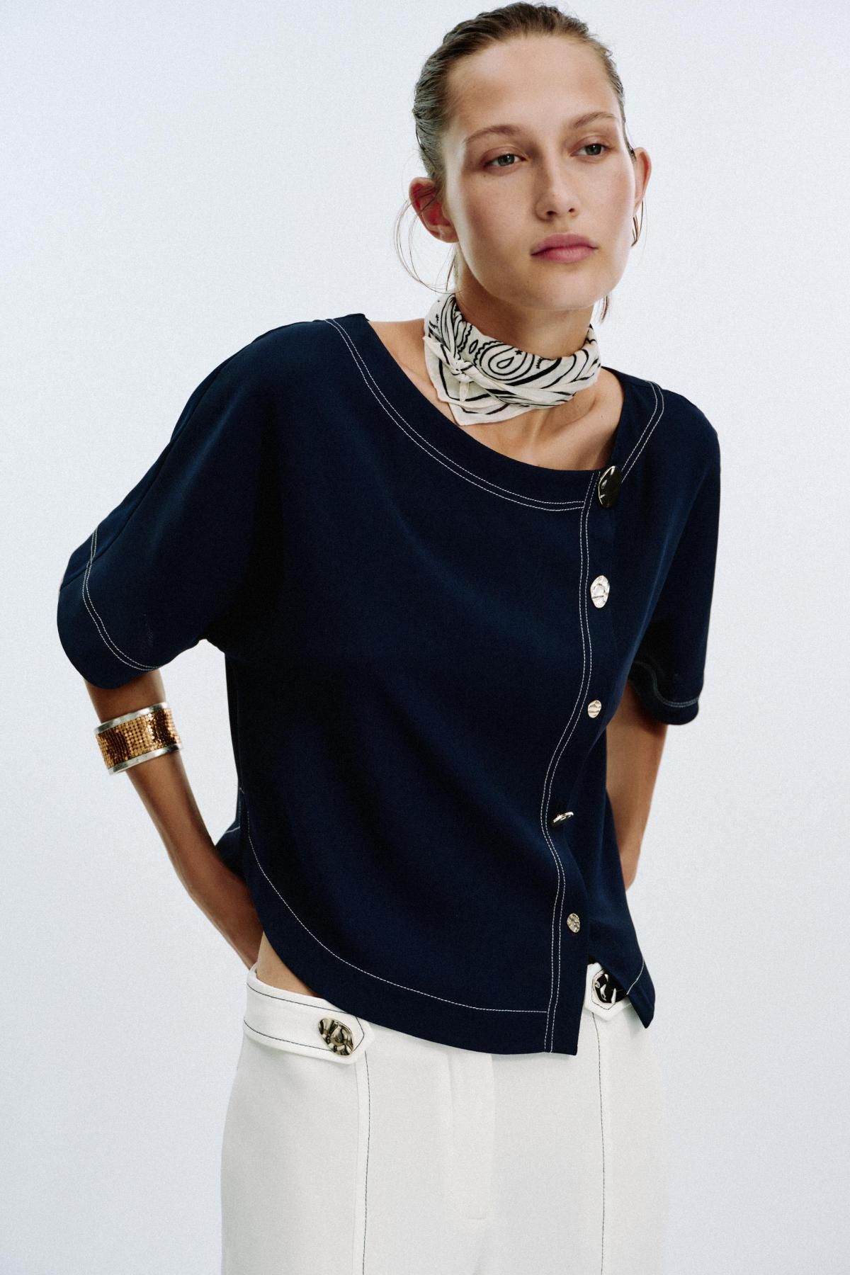 자라 네이비 스티치 보트넥 반팔 블라우스 8554/572 NAVY BLUE - 상세 이미지 3