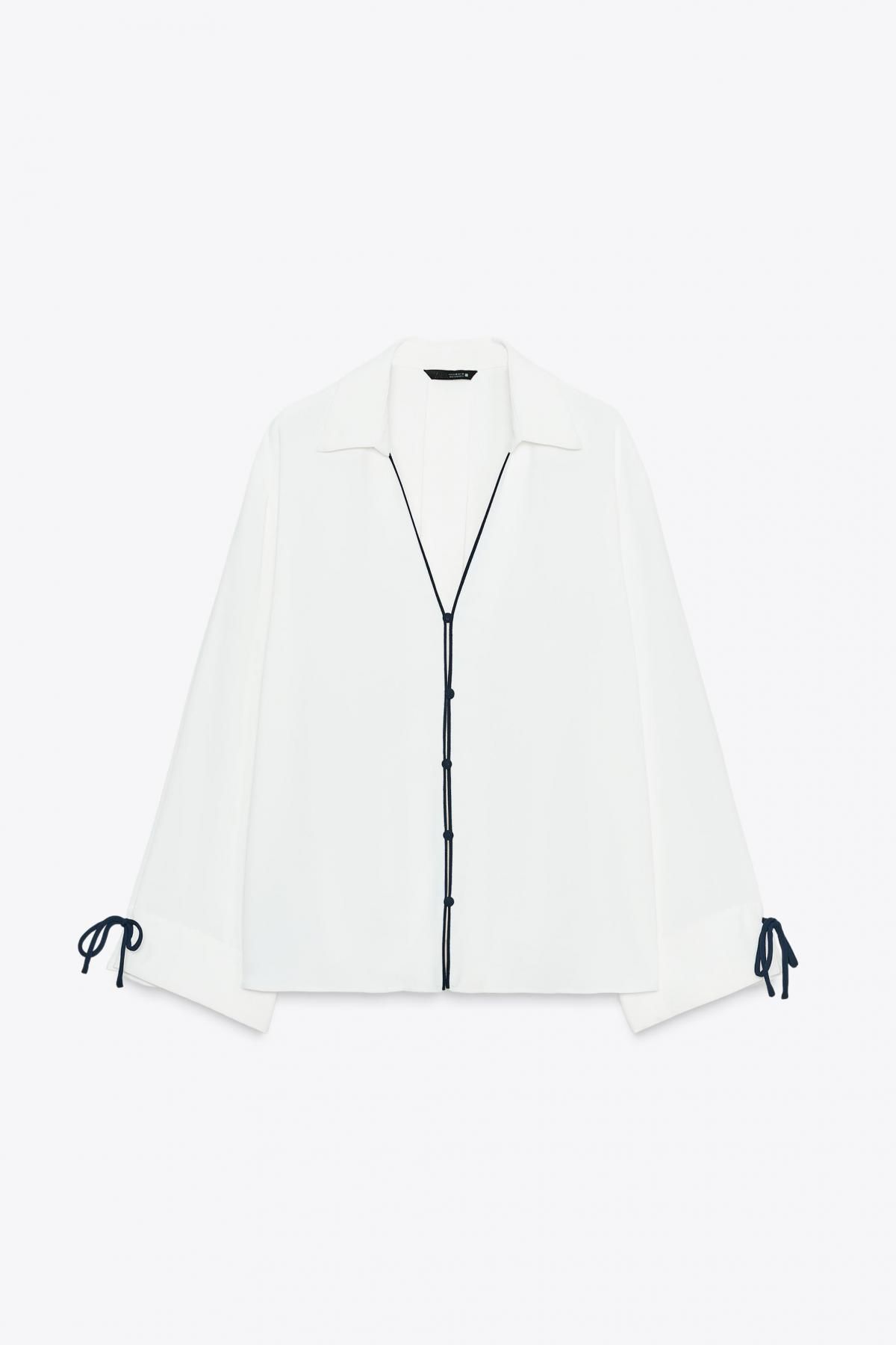 자라 배색 트리밍 브이넥 셔츠 8556/572 OYSTER-WHITE - 메인 이미지