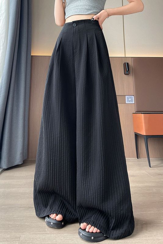 여성 실크 스트라이프 와이드팬츠 여름 하이웨스트 루즈핏 캐주얼 통바지 시원한 착용감 편안한 데일리룩 모던 스타일링 - 상세 이미지 4