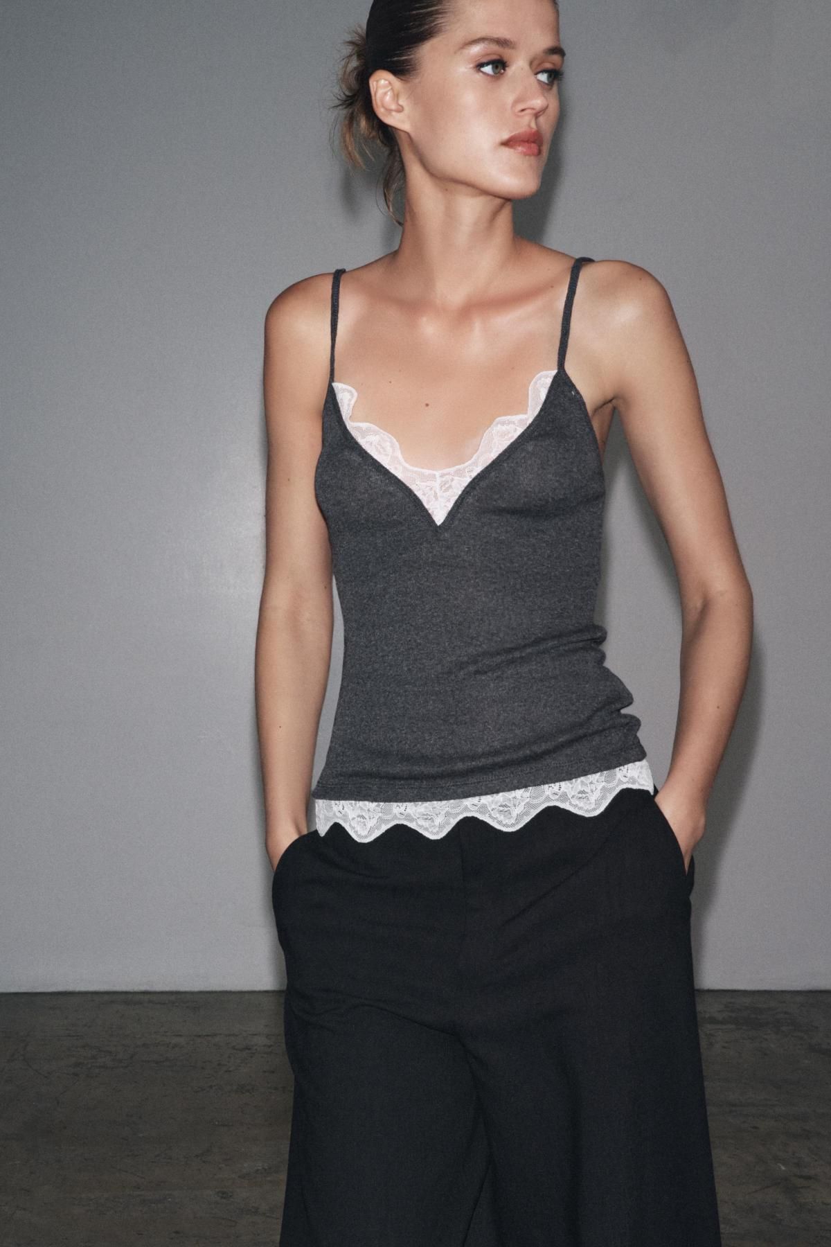 자라 레이스 브이넥 스트랩 민소매 탑 5644/826 GREY MARL - 상세 이미지 2