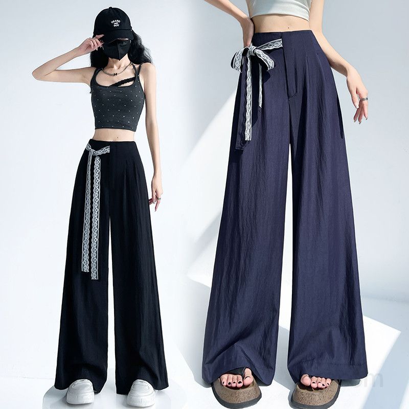 여성 실크 텐셀 데님 와이드팬츠 여름 루즈핏 캐주얼바지 시원한 착용감 밴딩 편안한 외출용 데일리 스타일링용 - 상품 이미지