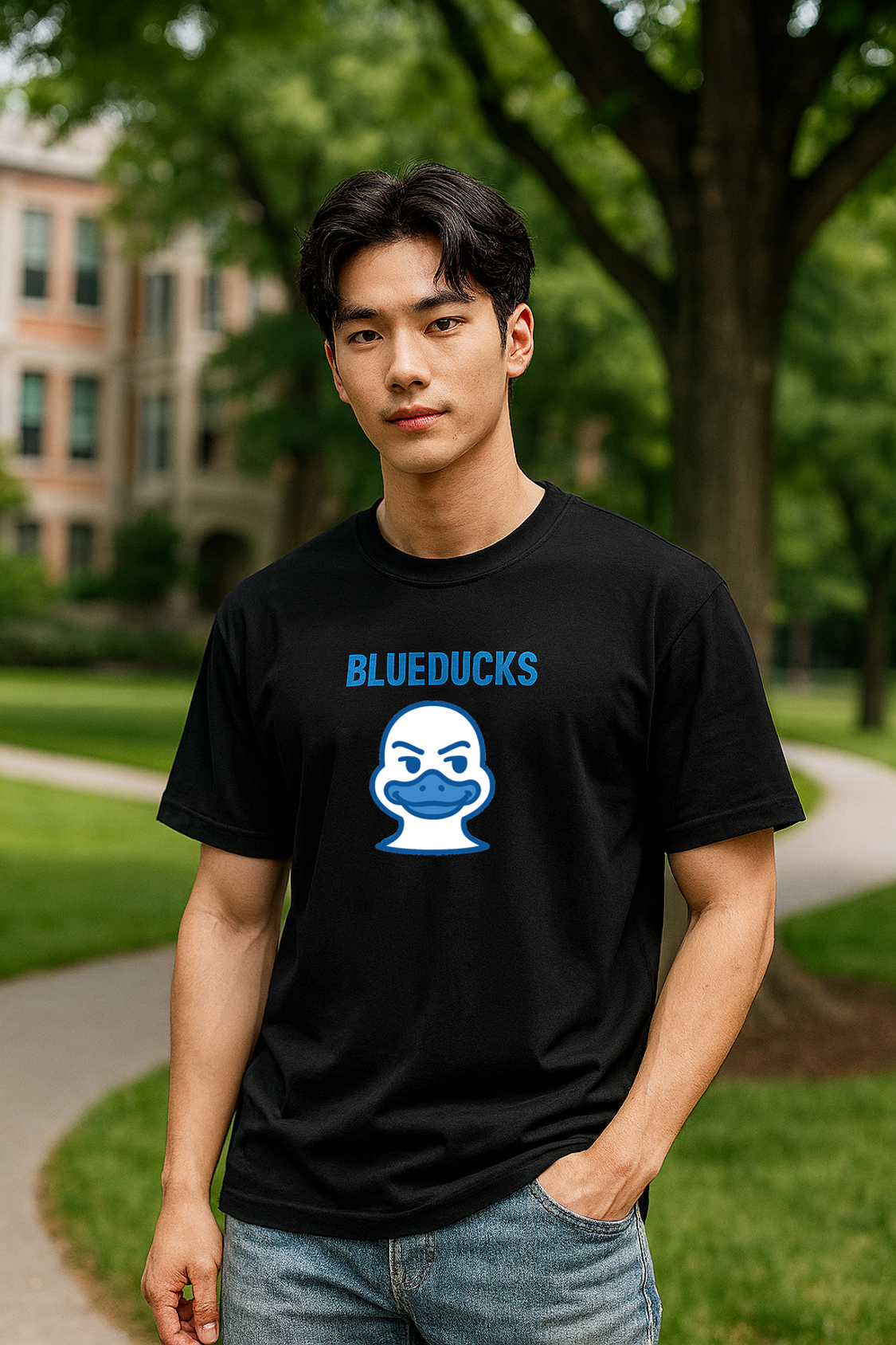 루즈핏 폴리 드라이 소프트터치 반팔 티셔츠 (공용)_BLUEDUCKS 버디덕 캐릭터 / 4가지 색상 - 메인 이미지
