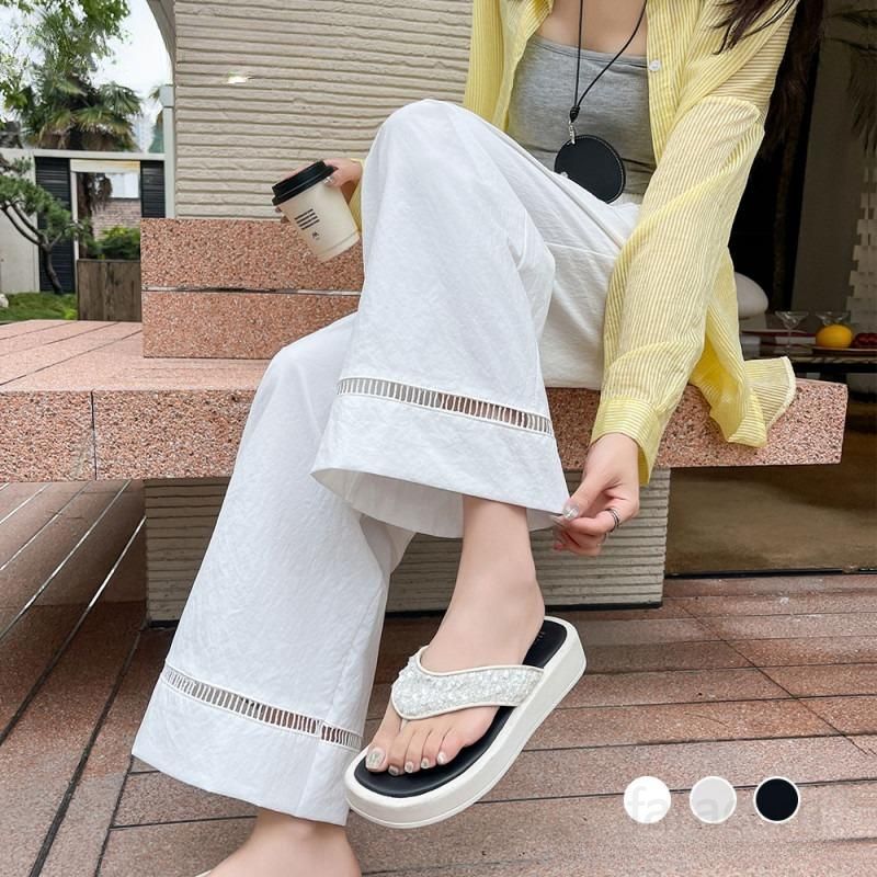 여성 실크 와이드 팬츠 여름 시원한 착용감 캐주얼 스트레이트 핏 하이웨이스트 슬림 통기성 좋은 바지 - 상세 이미지 2