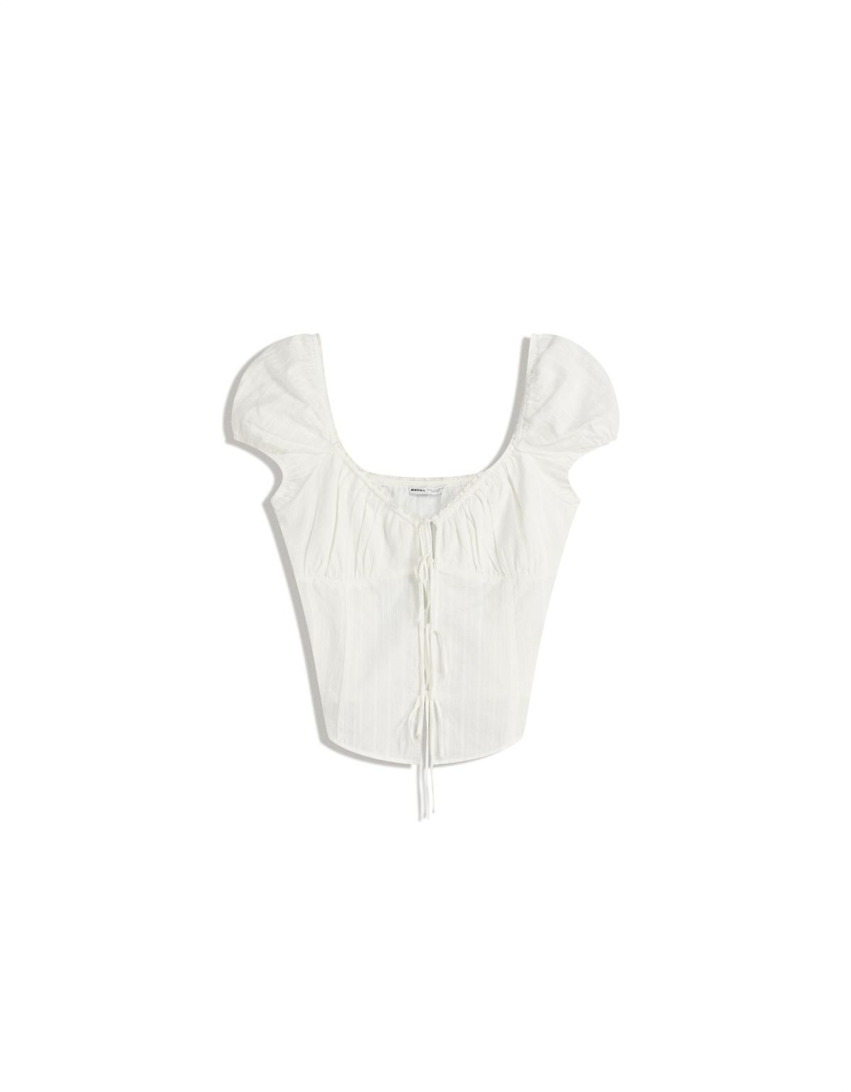 버쉬카 텍스처 퍼프 반팔 타이 블라우스 6259/105 WHITE - 상세 이미지 5