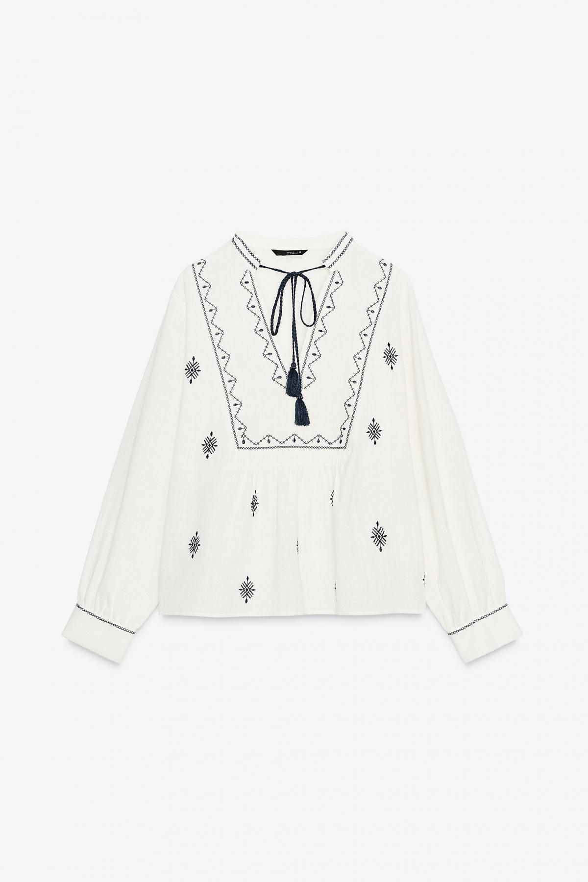 자라 보헤미안 자수 블라우스 라운드넥 태슬 8372/244 WHITE / NAVY - 메인 이미지