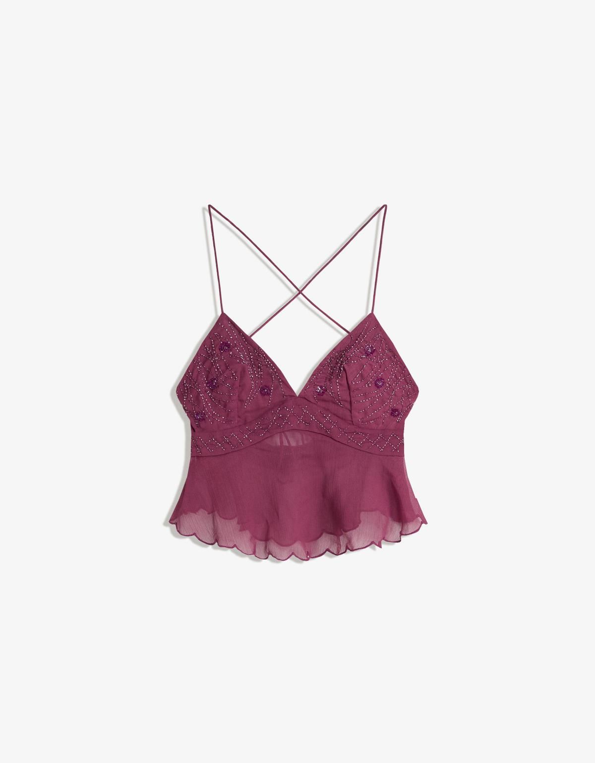 버쉬카 레이스 자수 스트랩 크롭탑 8774/404 MAROON - 상품 이미지