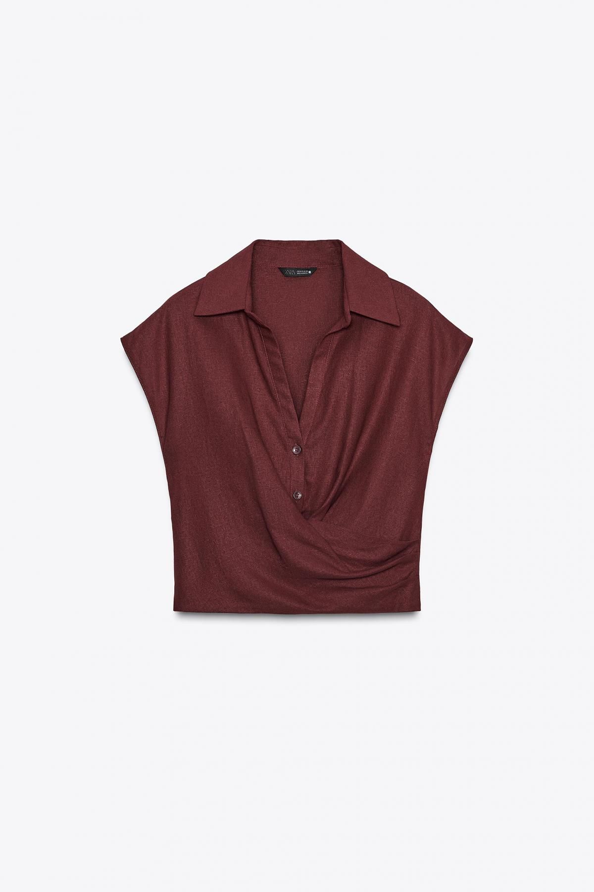 자라 린넨블렌드 크로스 브이넥 민소매 블라우스 8026/709 BURGUNDY - 메인 이미지