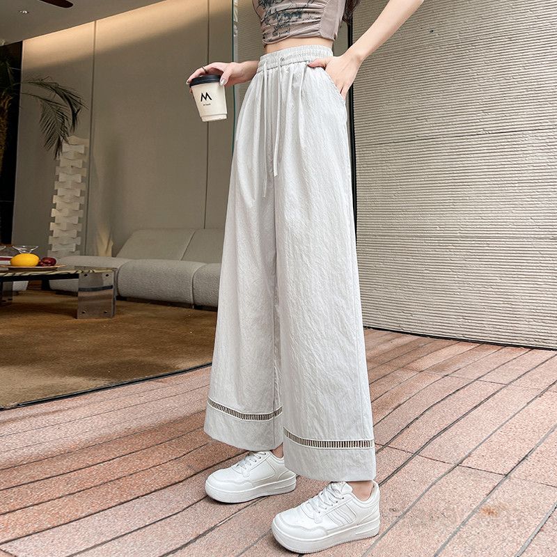 여성 실크 와이드 팬츠 여름 시원한 착용감 캐주얼 스트레이트 핏 하이웨이스트 슬림 통기성 좋은 바지 - 상세 이미지 4