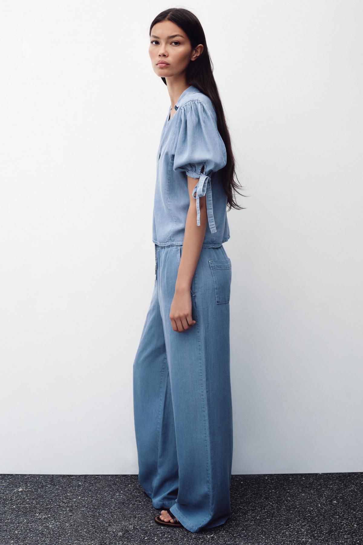 자라 데님 반팔 셔츠 리본타이 브이넥 7484/156 LIGHT BLUE - 상세 이미지 5