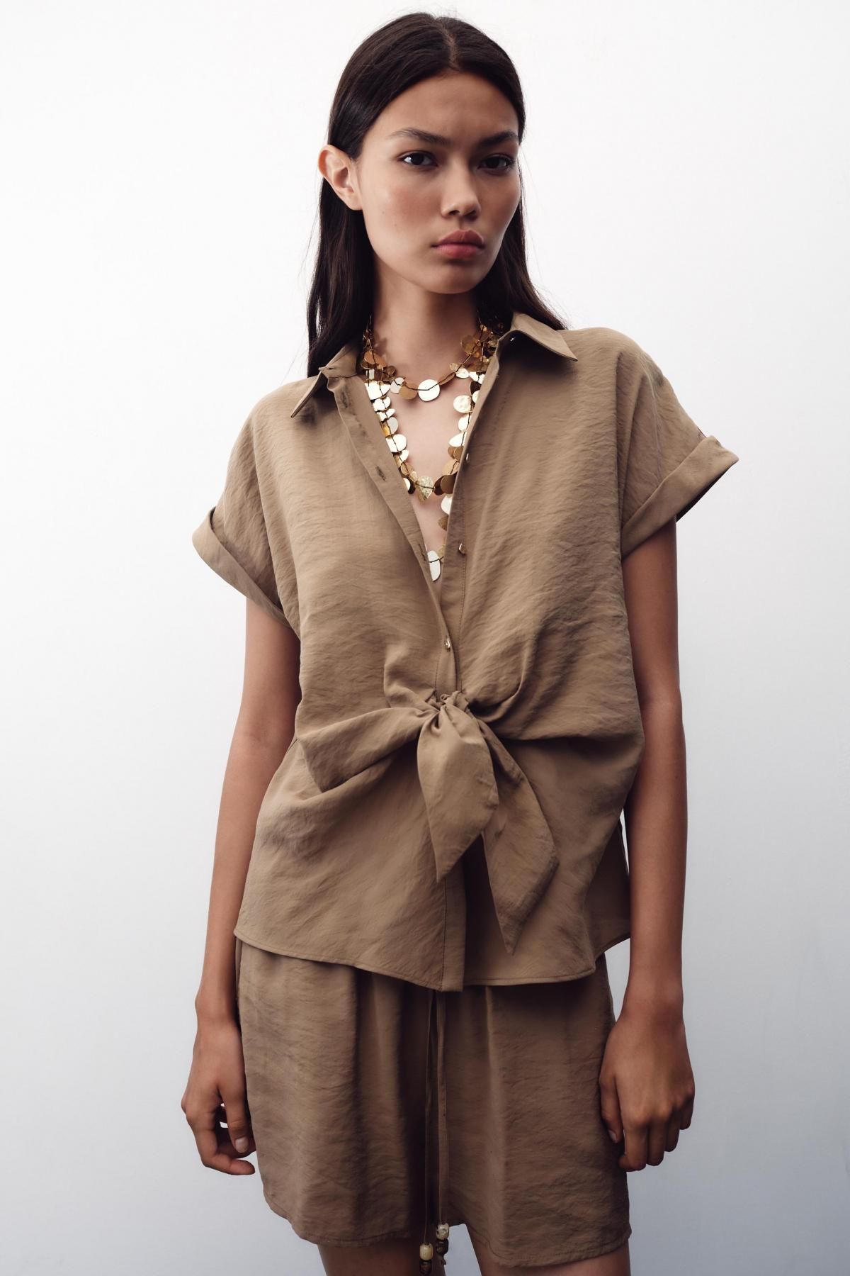 자라 린넨 반팔 매듭 셔츠 8569/535 BROWN / TAUPE - 상세 이미지 3