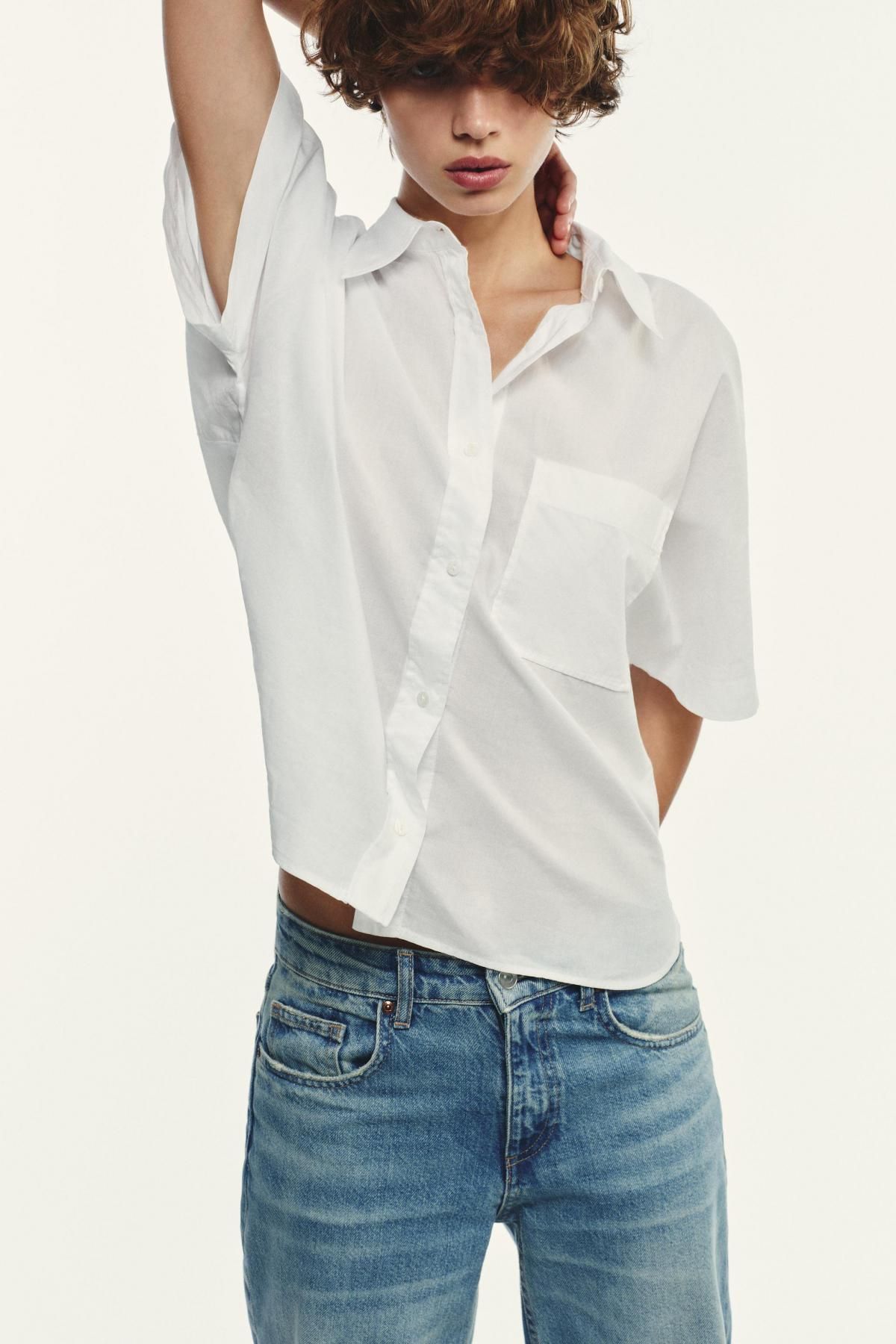 자라 세미 시스루 코튼 반팔 셔츠 6929/265 OYSTER-WHITE - 상세 이미지 3