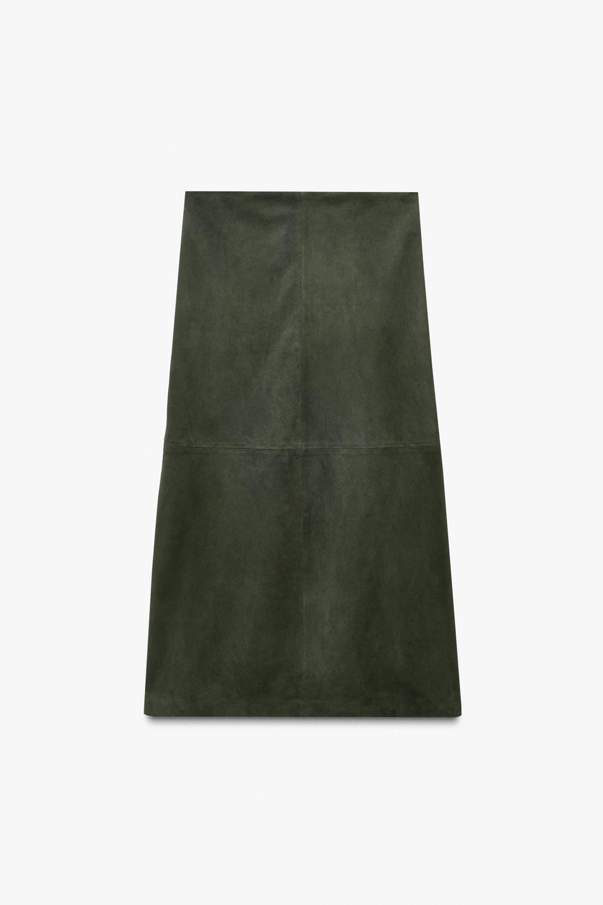자라 미니멀 스웨이드 레더 미디 스커트 6098/911 DARK GREEN - 메인 이미지