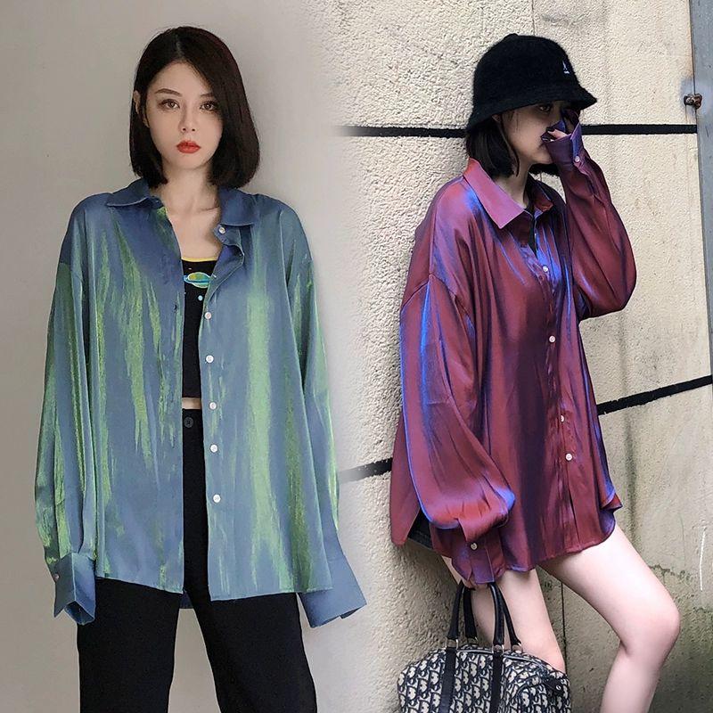 셔츠 유광 코디 독특한 바캉스 블라우스 사계절 퍼플 S - 상세 이미지 2