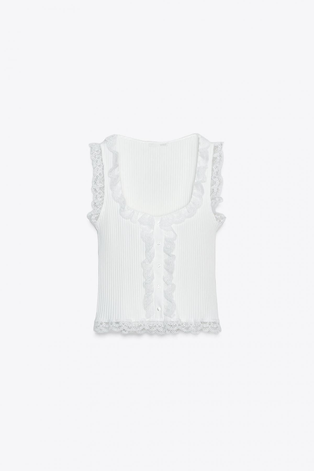 자라 레이스 디테일 립 니트 스퀘어넥 민소매 탑 0858/800 OYSTER-WHITE - 메인 이미지