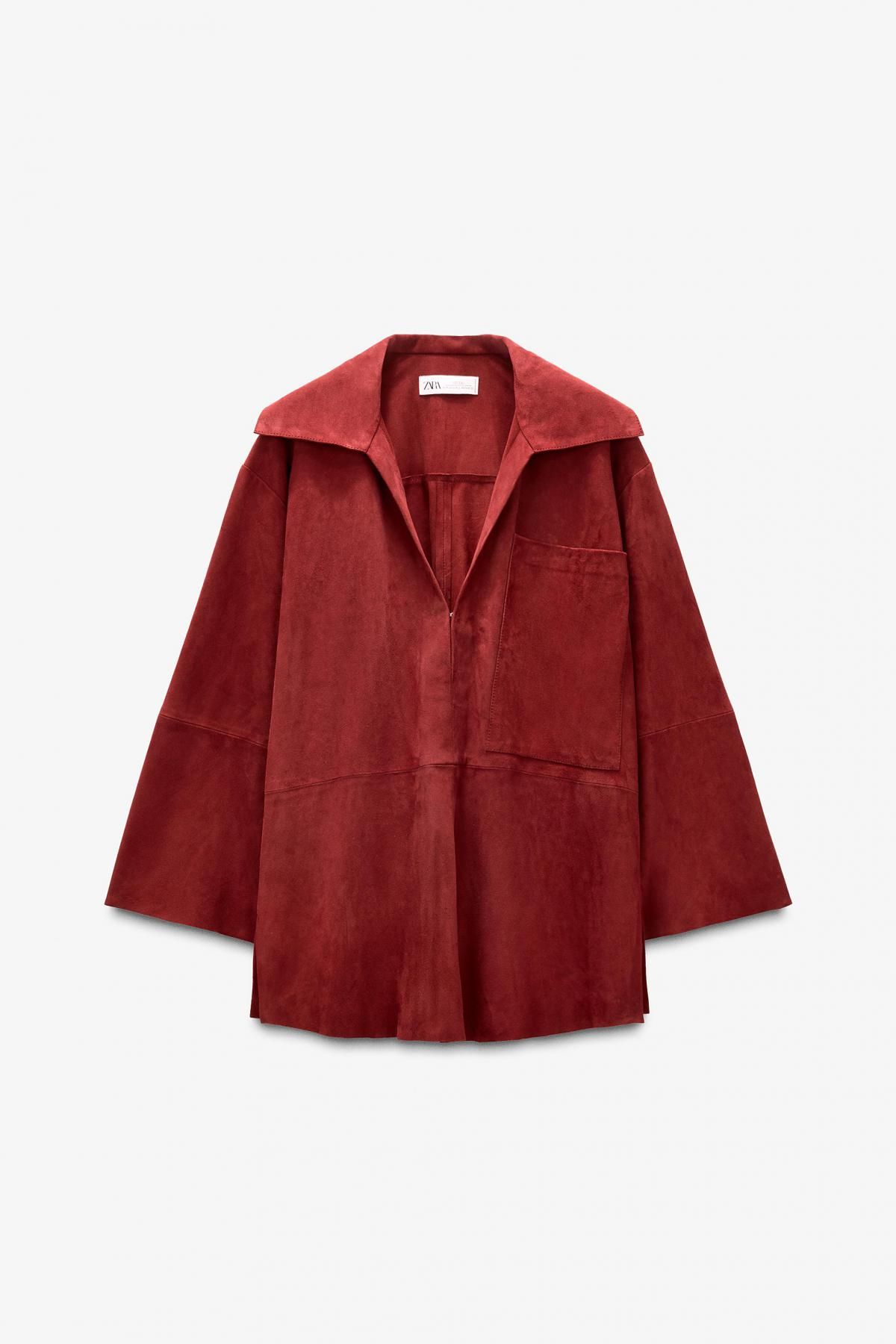 자라 스웨이드 레더 브이넥 포켓 긴팔 셔츠 6098/912 BURGUNDY - 메인 이미지