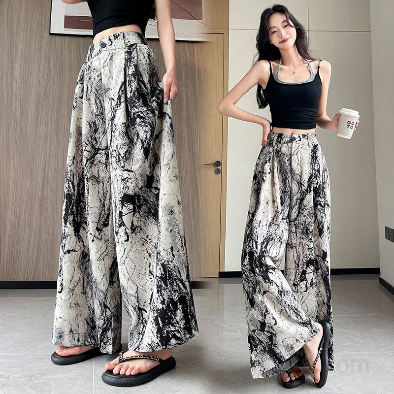 여성 여름 하이웨이스트 와이드팬츠 통기성 좋은 시원한 착용감 루즈핏 데일리 캐주얼 바지 편안한 외출용 모던 스타일 - 상품 이미지