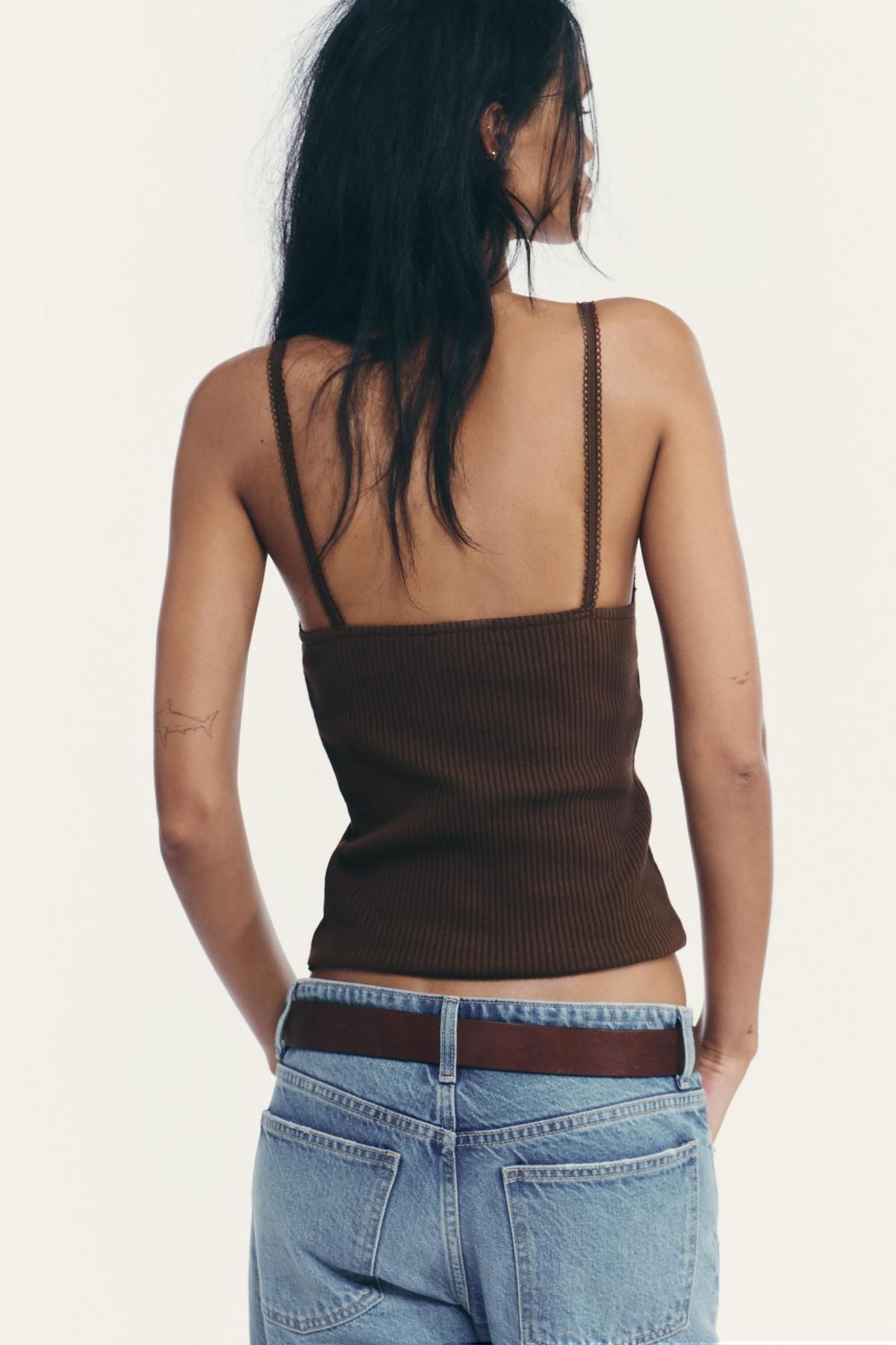자라 브라운 포인텔 니트 민소매 브이넥 탑 5644/825 BROWN - 상세 이미지 4