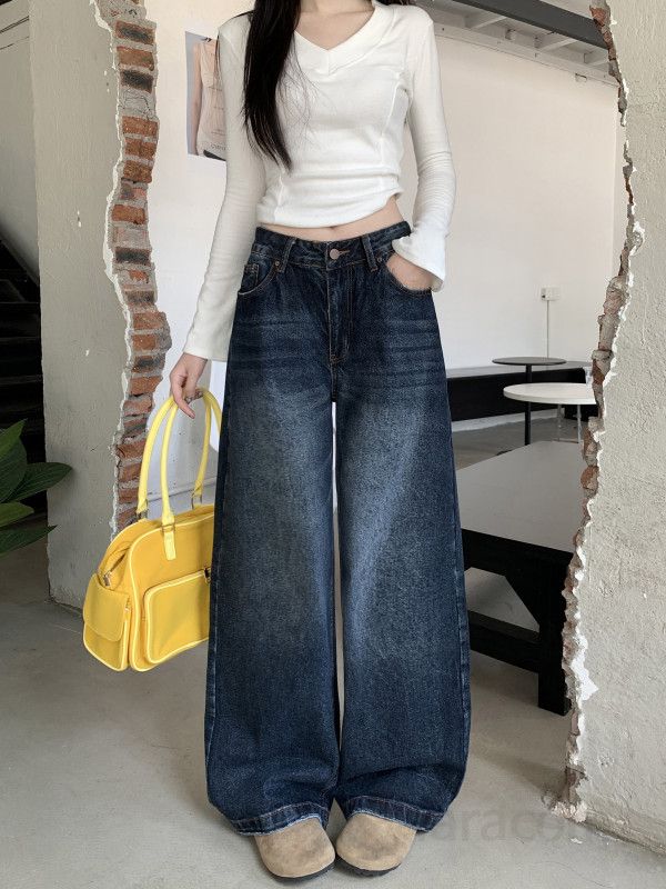 여성 레트로 워시드 스트레이트 진 초가을 데일리 청바지 스타일리시한 네로우 핏 캐주얼 여성용 청바지 편안한 착용감 모던한 디자인 팬츠 - 상세 이미지 2