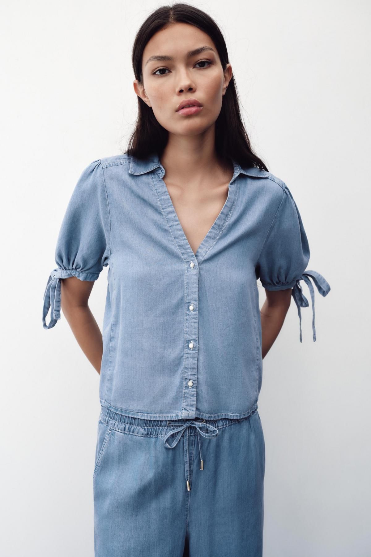 자라 데님 반팔 셔츠 리본타이 브이넥 7484/156 LIGHT BLUE - 상세 이미지 4