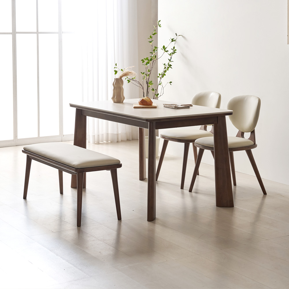 브로나 4인용 포세린 세라믹식탁 세트 원목 테이블 세라믹상판 식탁+의자2+벤치1, 1400mm, 월넛