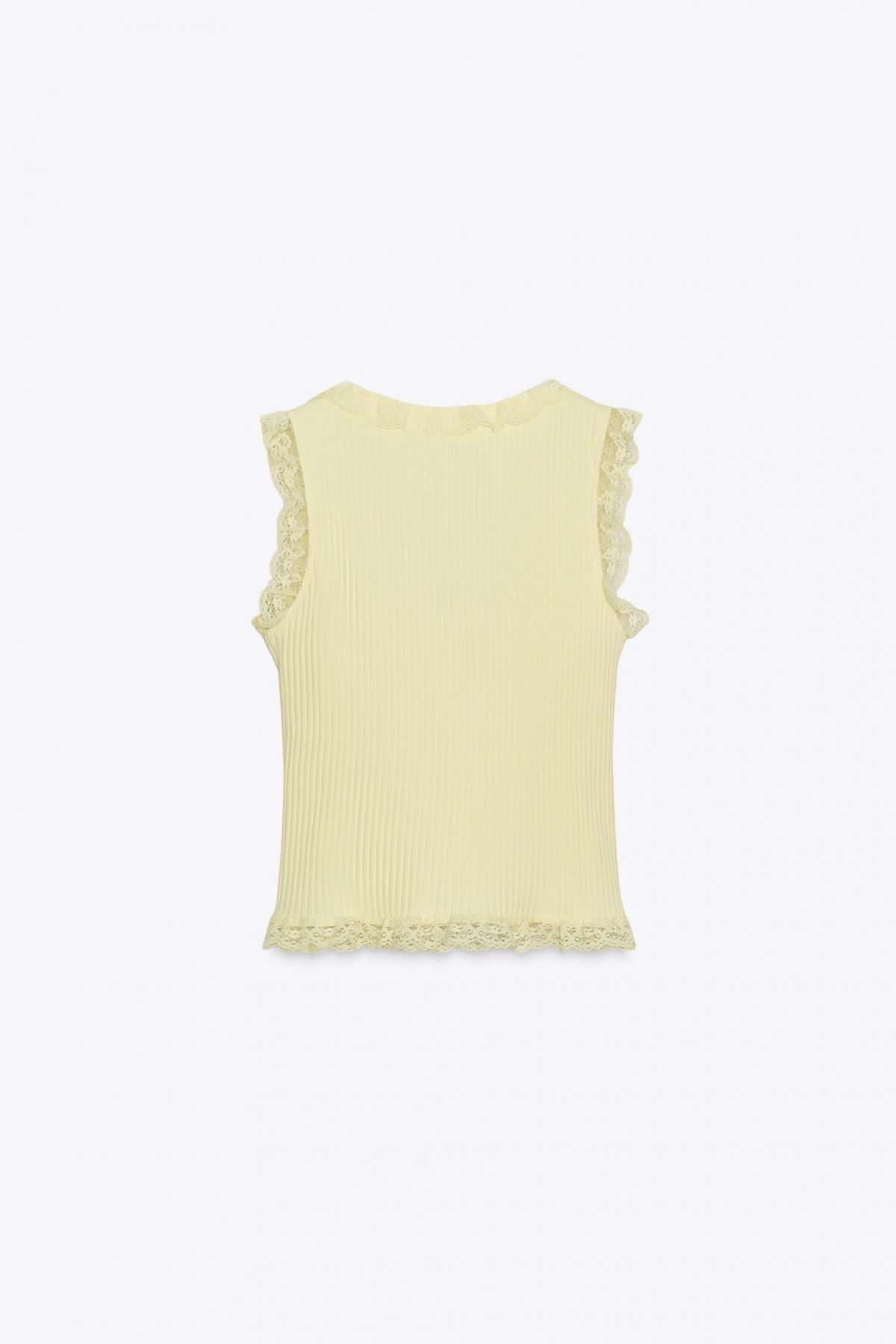 자라 레이스 디테일 립 니트 스퀘어넥 민소매 탑 0858/800 LIGHT YELLOW - 상세 이미지 5