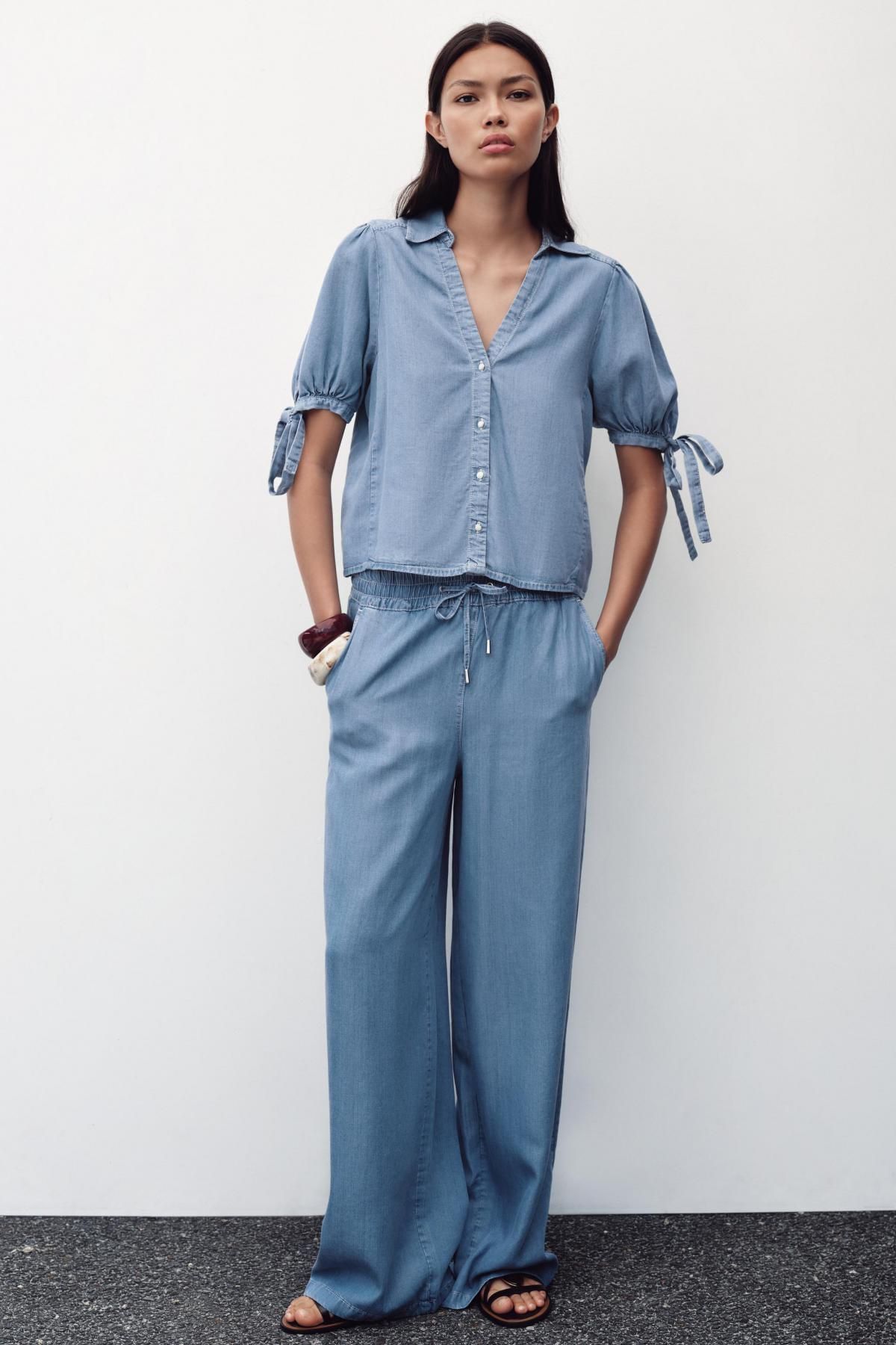 자라 데님 반팔 셔츠 리본타이 브이넥 7484/156 LIGHT BLUE - 상세 이미지 2