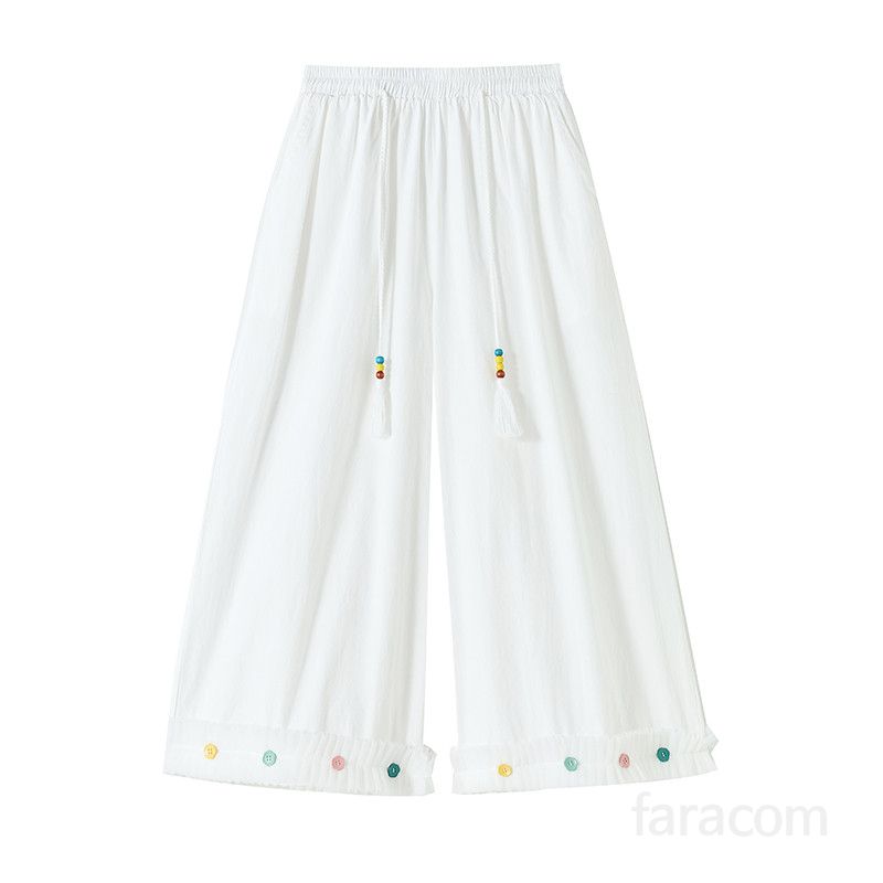 여성 코튼 와이드팬츠 9부 스트레이트 드레이프 스타일 캐주얼 바지 부드러운 착용감 하이웨스트 밴딩 편안한 여름 팬츠 - 상세 이미지 3