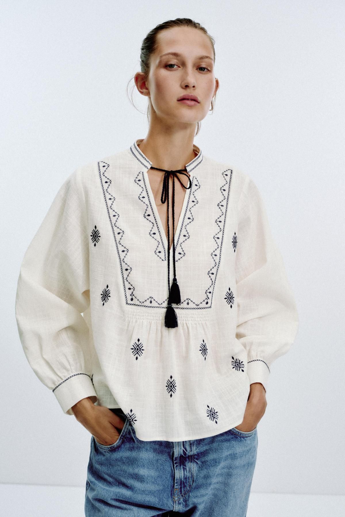 자라 보헤미안 자수 블라우스 라운드넥 태슬 8372/244 WHITE / NAVY - 상세 이미지 3