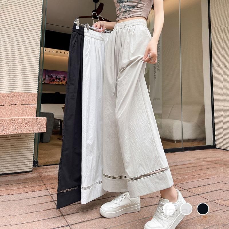 여성 실크 와이드 팬츠 여름 시원한 착용감 캐주얼 스트레이트 핏 하이웨이스트 슬림 통기성 좋은 바지 - 상품 이미지