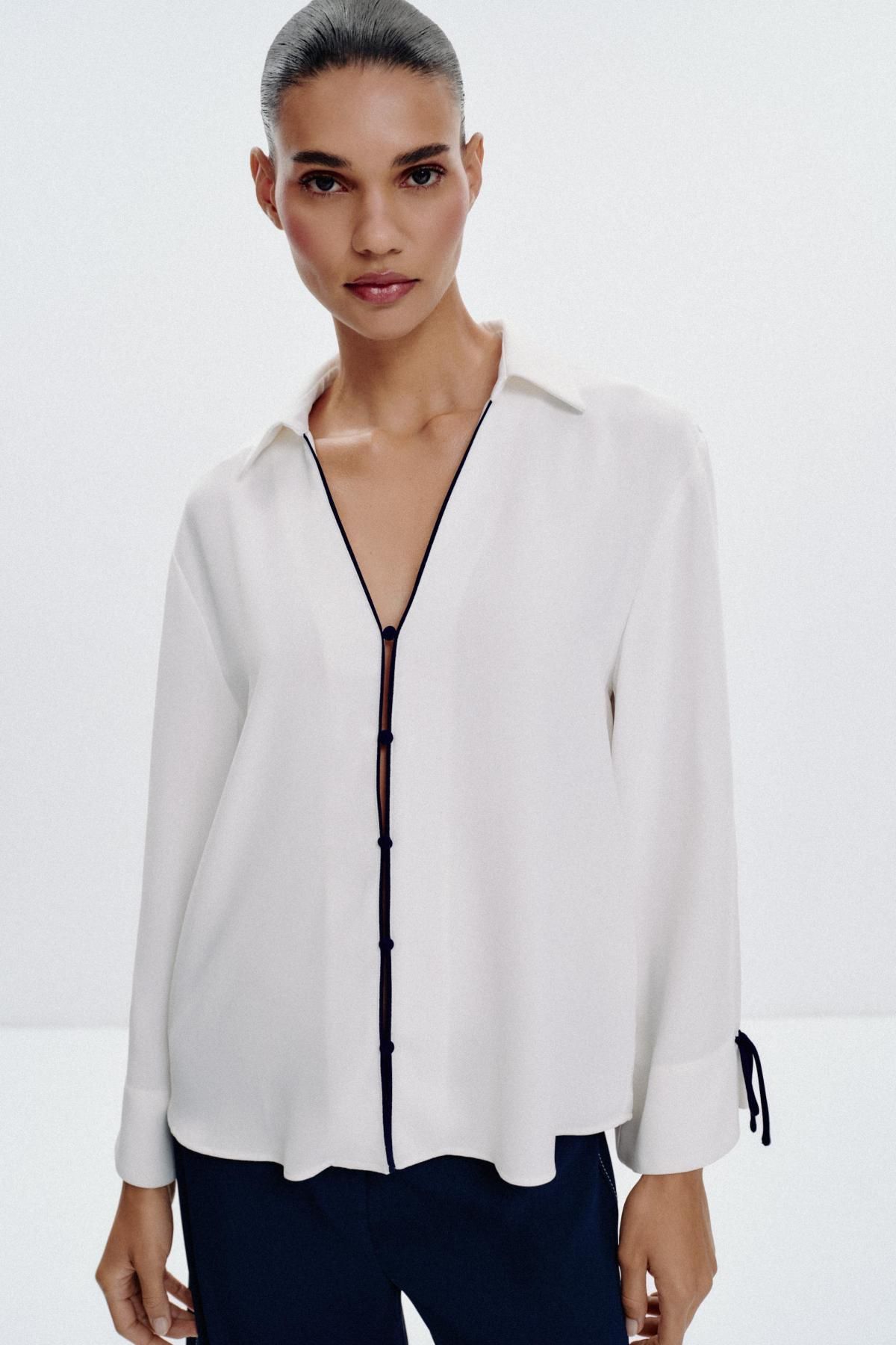 자라 배색 트리밍 브이넥 셔츠 8556/572 OYSTER-WHITE - 상세 이미지 3