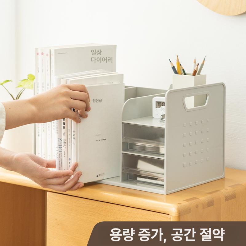 우드책꽂이 원목 폭조절 탁상 책정리대 1단 나무 책장 화이트-투명 서랍 - 상세 이미지 4