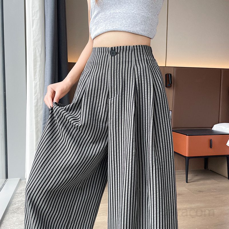 여성 실크 스트라이프 와이드팬츠 여름 하이웨스트 루즈핏 캐주얼 통바지 시원한 착용감 편안한 데일리룩 모던 스타일링 - 상세 이미지 2