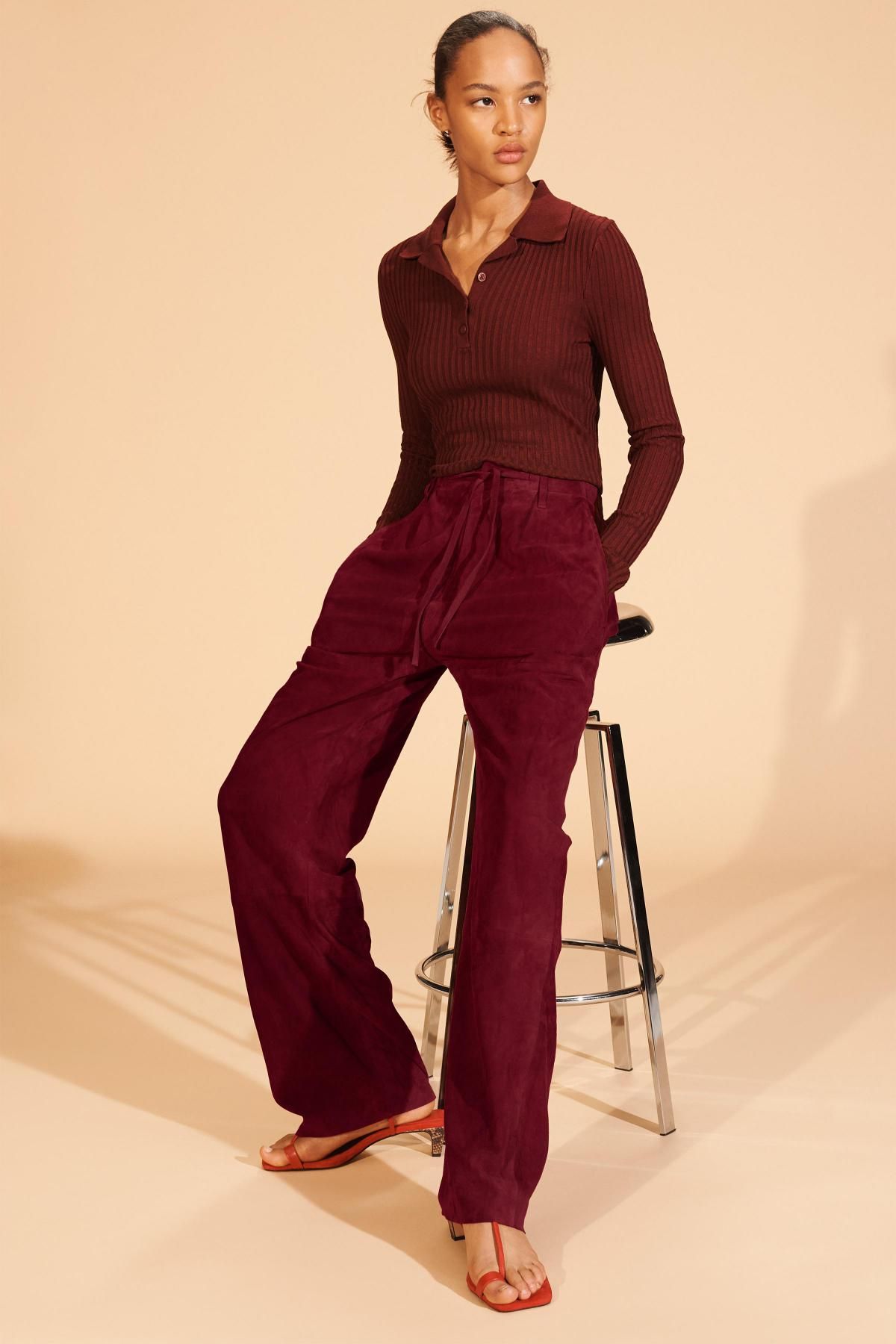 자라 프리미엄 스웨이드 와이드 팬츠 버건디 6098/913 BURGUNDY - 상세 이미지 2