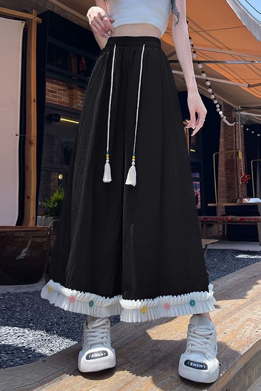 여성 코튼 와이드팬츠 9부 스트레이트 드레이프 스타일 캐주얼 바지 부드러운 착용감 하이웨스트 밴딩 편안한 여름 팬츠 - 상세 이미지 4