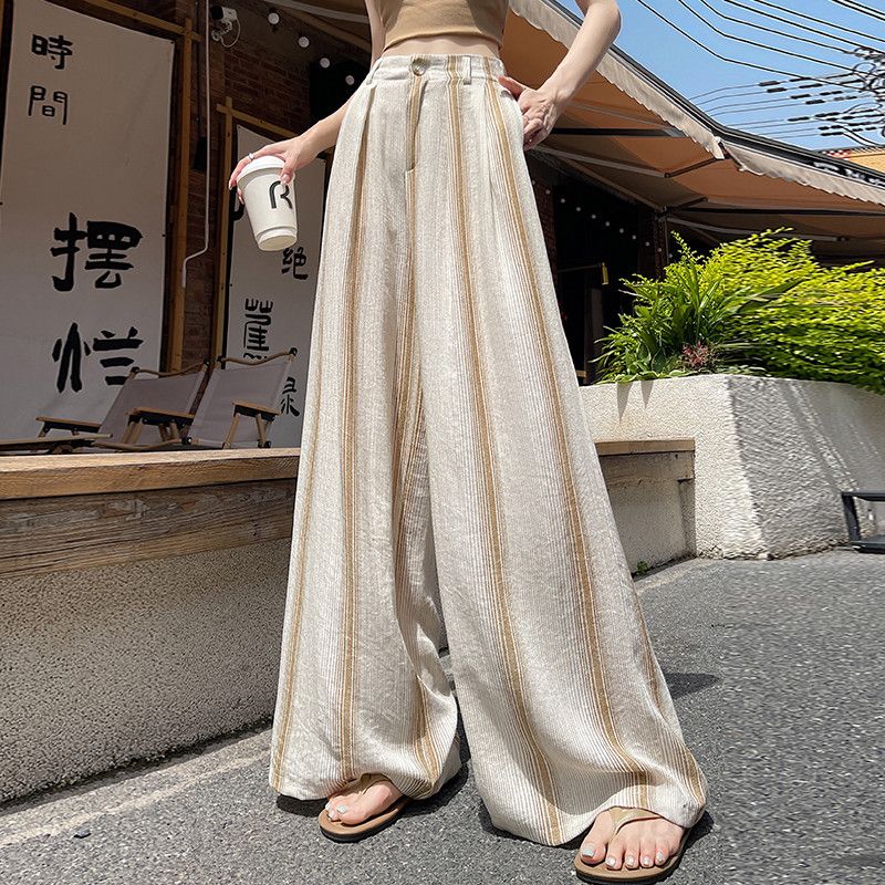 여성 하이웨이스트 리넨 와이드팬츠 여름 스트라이프 코튼 통기성 좋은 드레이프 스타일 편안한 데일리 바지 캐주얼 외출용 - 상세 이미지 3