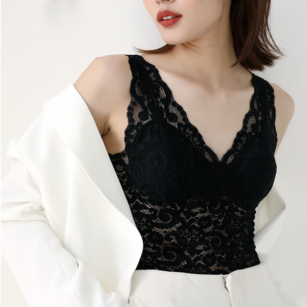 캡내장 V넥 시스루 나시 레이스 브이넥 이너나시 - 상세 이미지 5