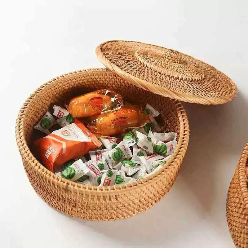 뚜껑있는 바구니 수납함 바구니 대나무 라탄 원형 원형 무칸 견과류박스 26x9cm - 상품 이미지