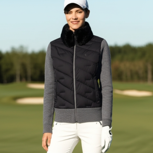 헤지스골프 여성 겨울 간절기 스윙편한 니트 가디건 구스다운 패딩자켓