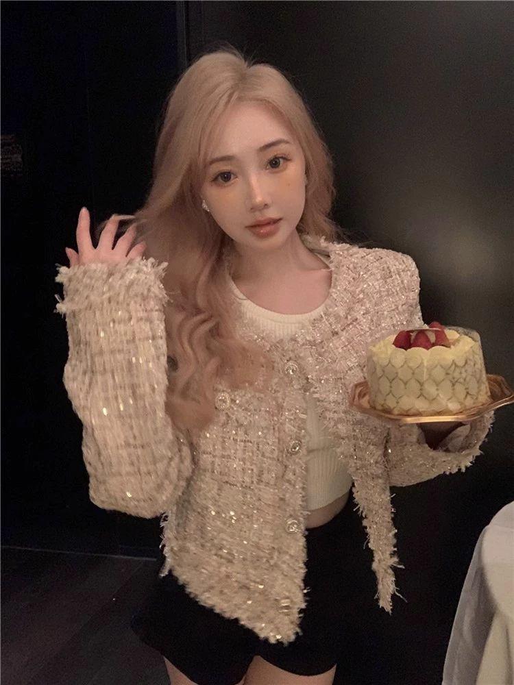 프렌치 스타일 가을 트위드 재킷 자켓 결혼식 하객룩 샴페인색 프리미엄 S 추천 42.5kg-47.5kg - 상세 이미지 5