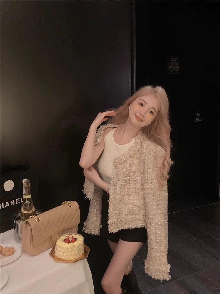 프렌치 스타일 가을 트위드 재킷 자켓 결혼식 하객룩 샴페인색 프리미엄 S 추천 42.5kg-47.5kg - 상세 이미지 2