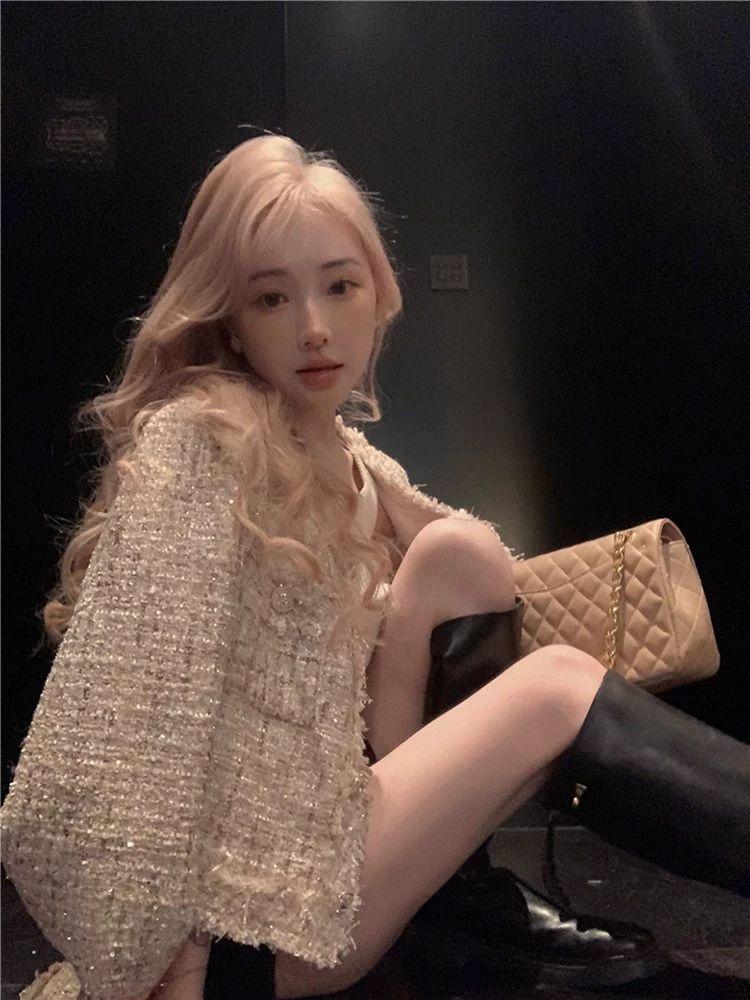 프렌치 스타일 가을 트위드 재킷 자켓 결혼식 하객룩 샴페인색 프리미엄 S 추천 42.5kg-47.5kg - 상세 이미지 3