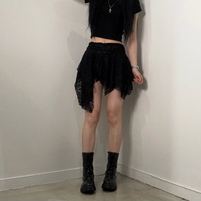 여성 시스루 언발 레이어드 스커트 레이스 미니 치마 2color 속바지 밴딩 프릴 플레어 - 상세 이미지 2